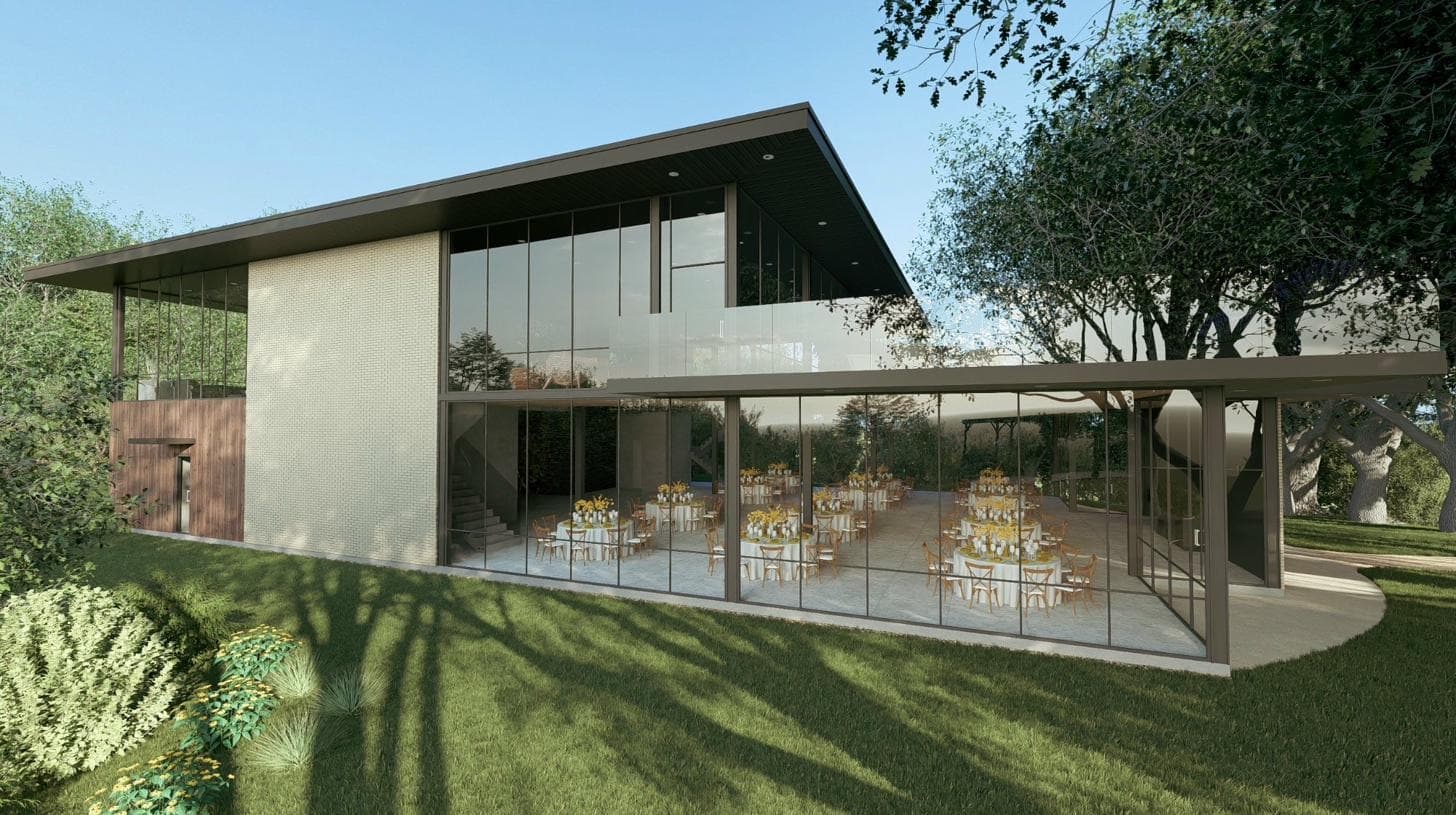 Glass House exterior rendering — facade lit for a gala banquet