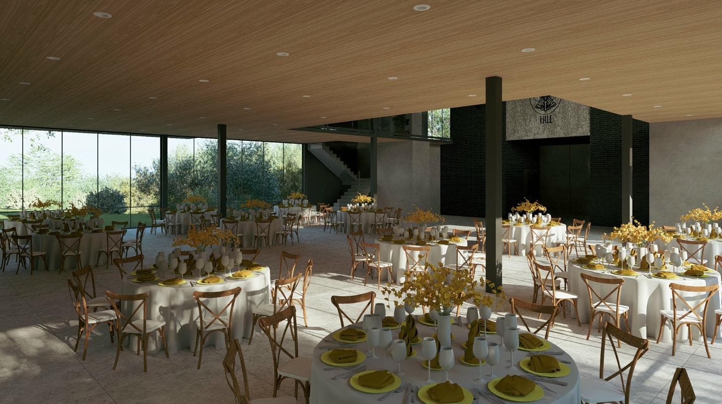 Glass House interior rendering — reception with floor-to-ceiling glass walls