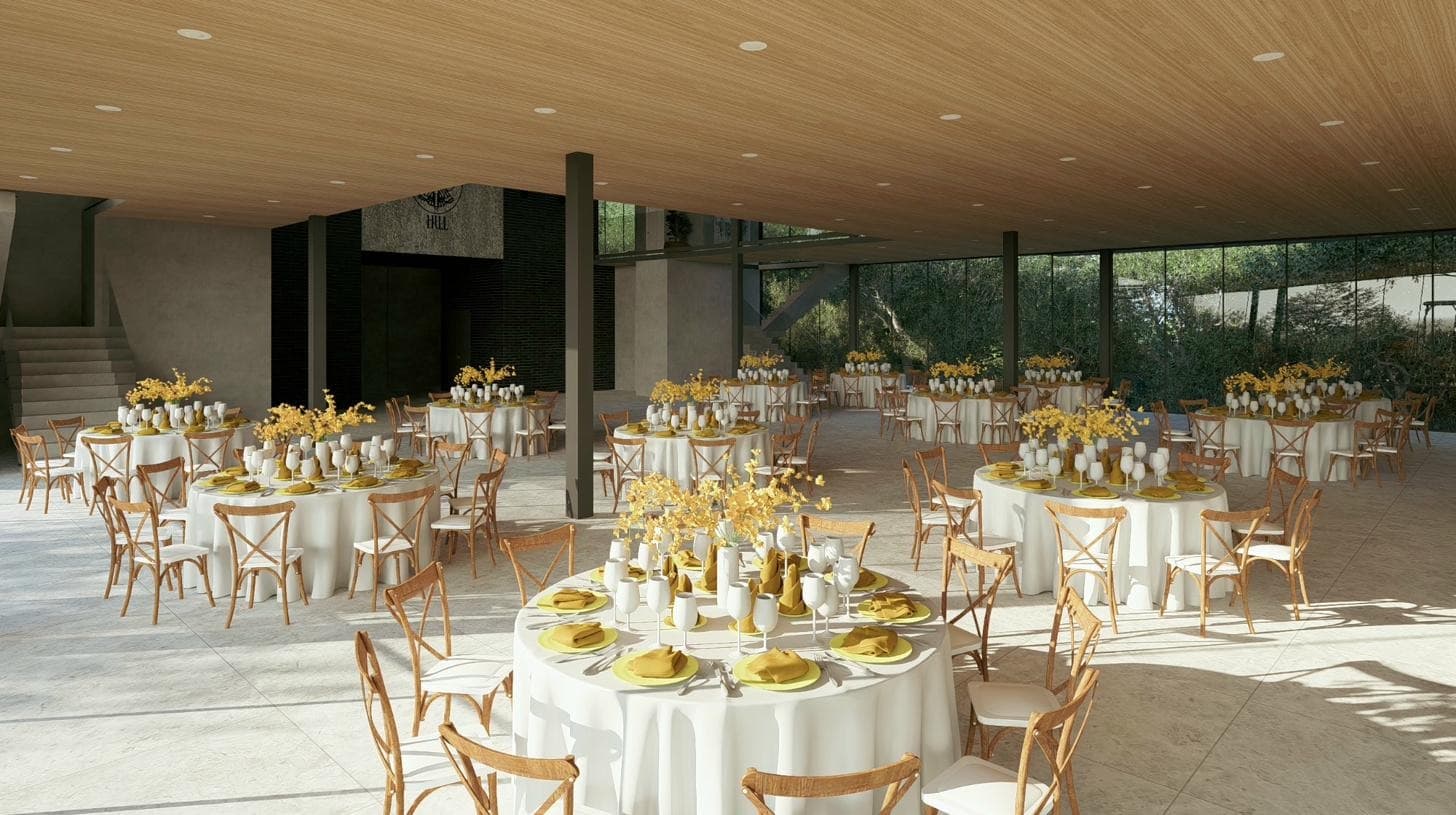 Glass House interior rendering — banquet seating beneath a wood-slatted ceiling