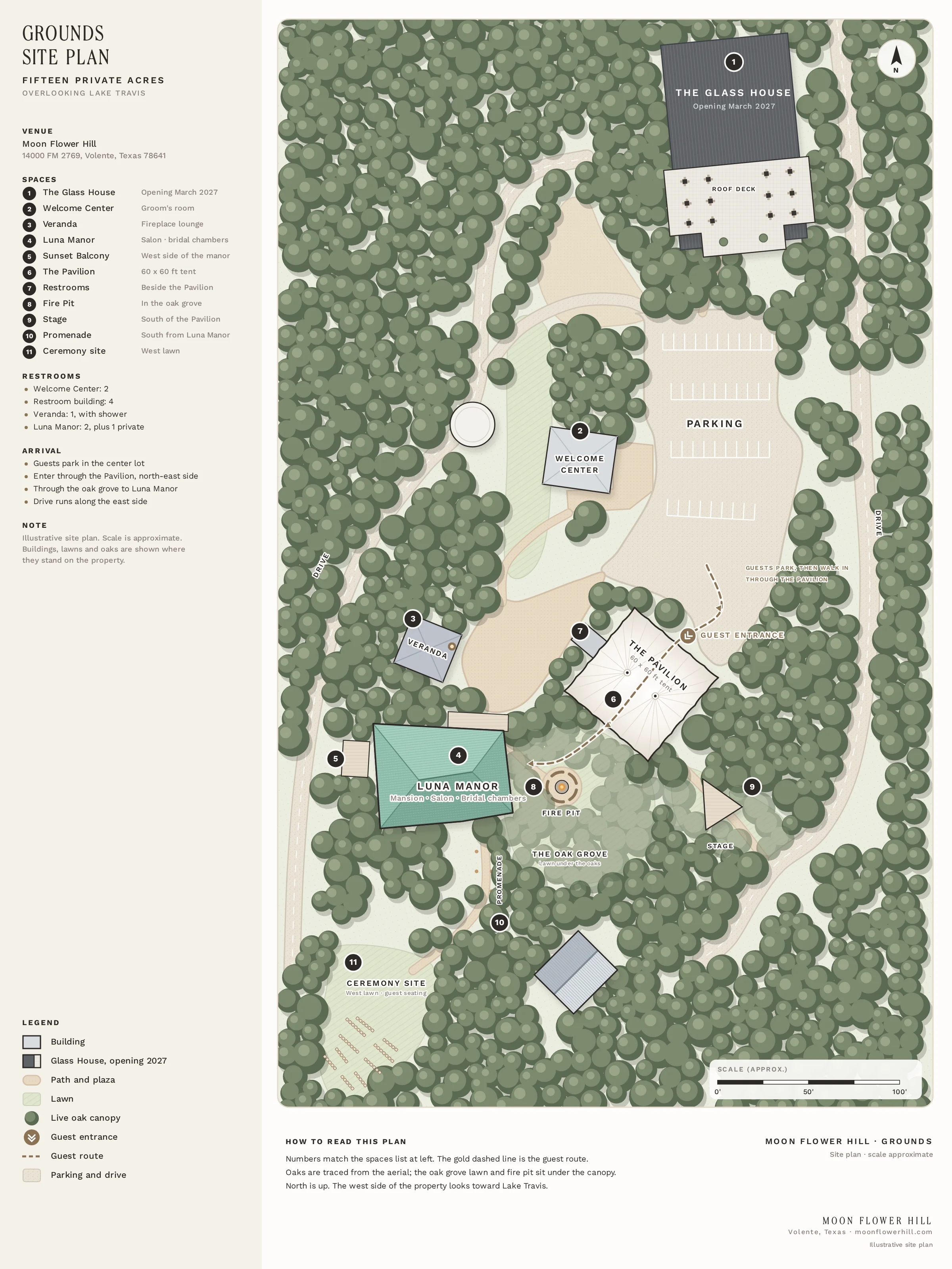 Illustrated site plan of Moon Flower Hill: parking in the center, The Pavilion as the guest entrance, the oak grove and fire pit leading to Luna Manor, the ceremony lawn on the west side, and The Glass House at the north end.